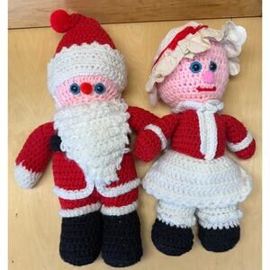 Lot of 2 Crocheted Mr & Mrs Santa Claus Dolls Vintage Handmade Christmas Decor